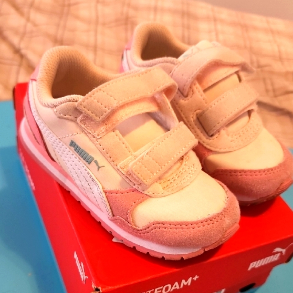 Used Toddler Puma Pink and White Sneakers with Velcro Straps 9C